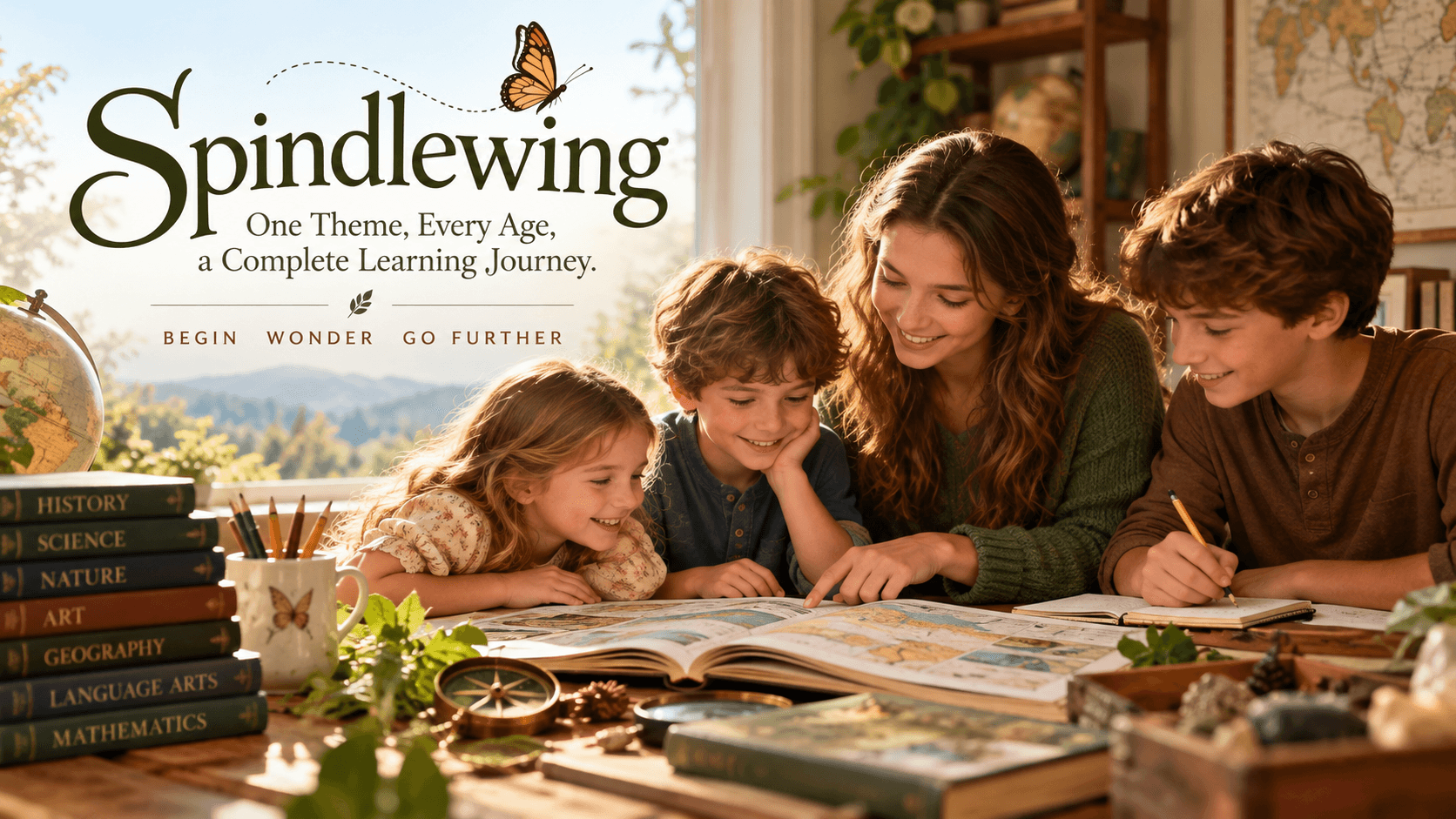 A family exploring a map together at a table, surrounded by books and learning materials